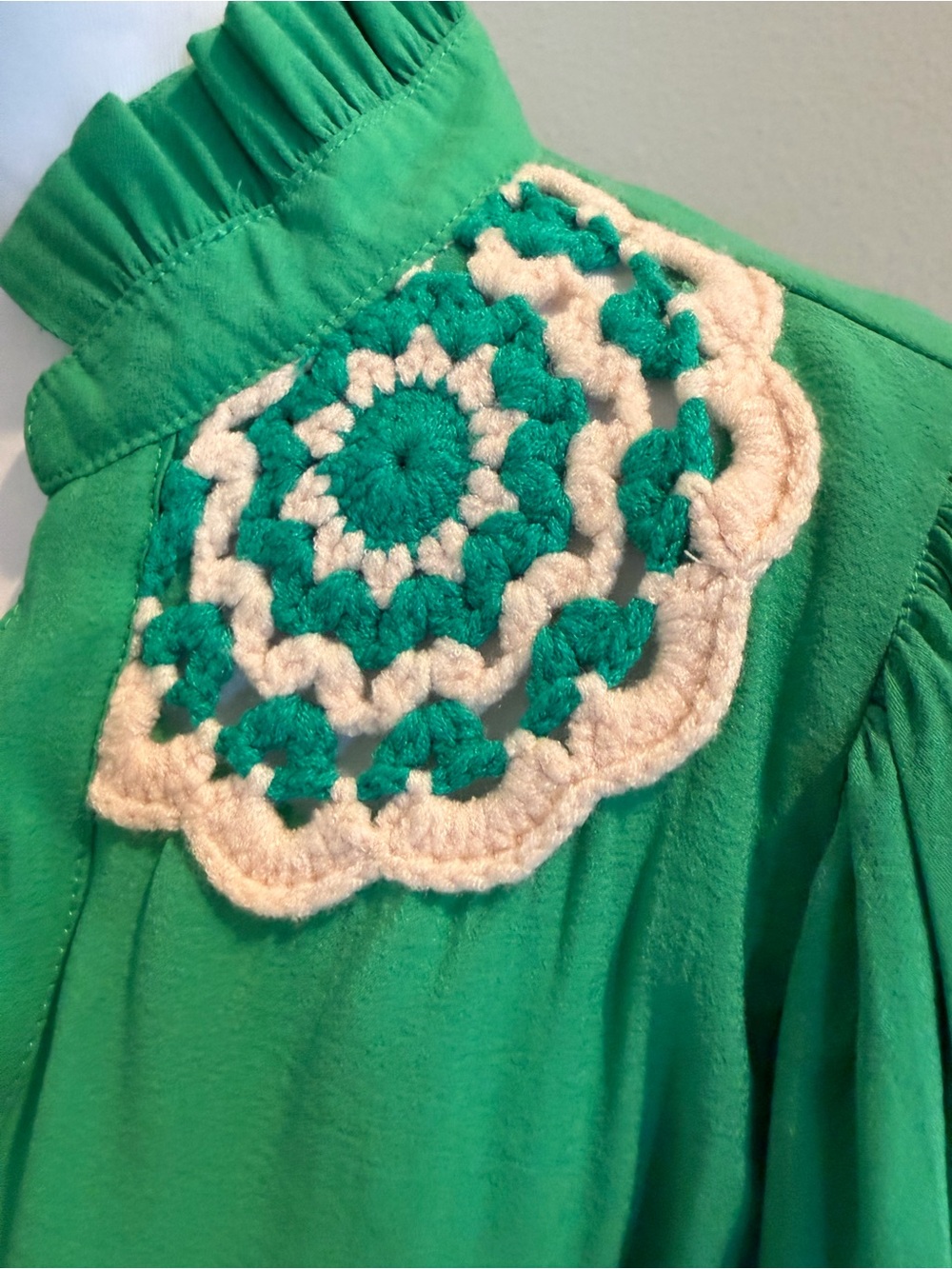 THML Green Blouse with Cream Crochet Accents - Picture 2 of 4